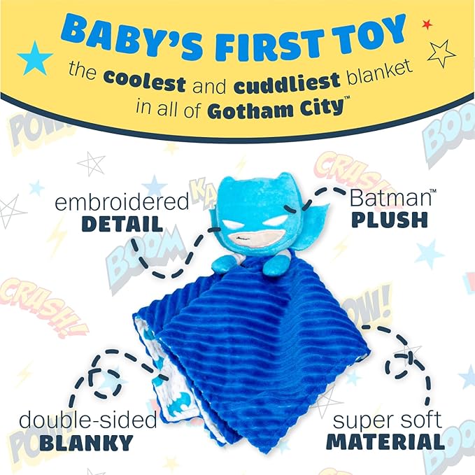 KIDS PREFERRED DC Comics The Batman Lovey Security Blanket, Soft Huggable Dark Knight Plush Lovey Toy for Baby and Infant Boys and Girls, Textured Blanket with Batman Logo