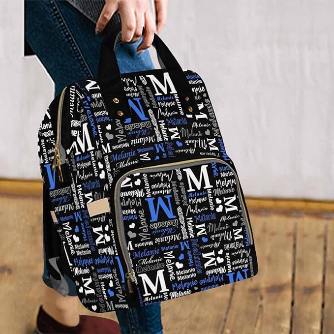 Artsadd Personalized Nappy Bag Large Capacity Baby Diaper Bags, Blue And Black Daypack Custom Monogrammed Diaper Backpack for Daughter Granddaughter Gifts