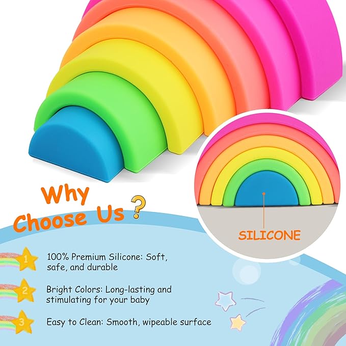 Silicone Stacking Toys for Babies, Rainbow Stacker, Montessori Nesting Blocks Soft Building Toys Large Sensory Stacking Toys for Creative Play & Learning, for Toddlers, 7CPS