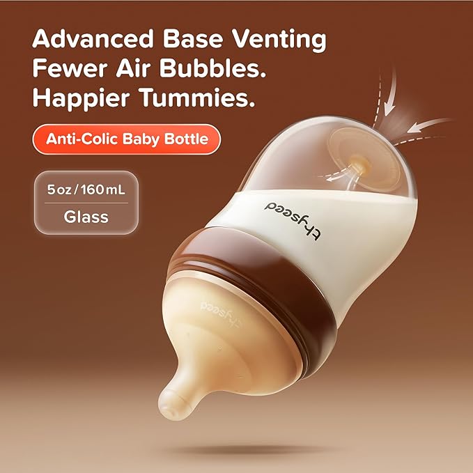 Thyseed Anti-Colic Glass Baby Bottle for Breastfed Infants, Paced Feeding, Breast-Like Newborn Slow Flow Nipple (1m+), 5 oz, 2 Pack