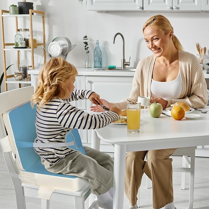 Toddler Booster Seat for Dining Table with Adjustable Straps, Kids Booster Seat for Kitchen Chair with Non-Slip Bottom, PU Anti-Scratch Portable Detachable Increasing Cushion (Blue)