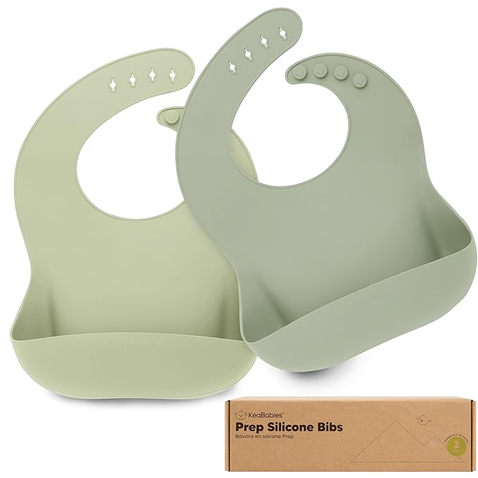 KeaBabies 2-Pack Silicone Bibs for Babies, Toddlers Girl, Boy ??Sturdy Food-Grade Baby Bibs for Eating, Large Food Catcher, Clean & Put On Easily, Waterproof Toddler Feeding Essentials (Sage)