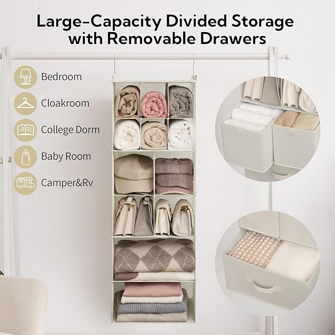 GRANNY SAYS Hanging Closet Organizer with Drawers, 6 Shelf Dividers Closet Hanging Organizer, Portable Foldable Hanging Shelves for Closet, Dorm Room, Bedroom, Kids Room, Beige