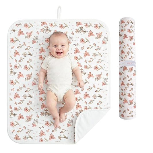 Baby Diaper Changing Mat, Waterproof, Absorbent, Soft Cotton Surface with EVA Backing, 30x24in Unfolded, Compact 8x2in with Storage Strap, Wipeable Diaper Changing Pad for Travel, Baby Gift