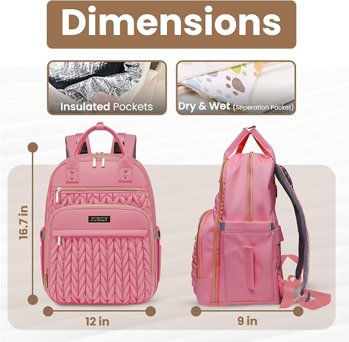 Jubily Diaper Bag Backpack, 30L Travel Backpack for Women, Waterproof Bag with 5 Compartments, 20 Pockets, Laptop & iPad Slots, Portable Changing Pad, Baby Essentials Organizer (Pink)