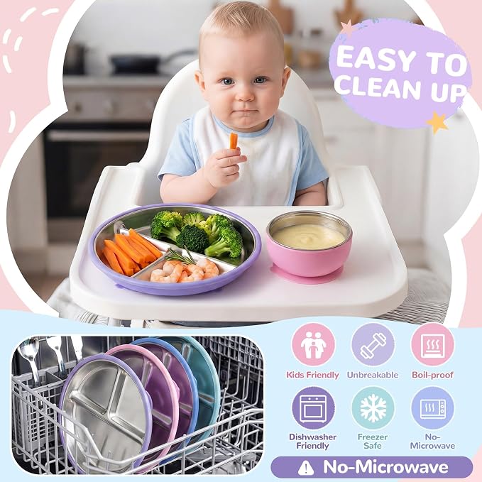 Havawish 8 Pcs Stainless Steel Baby Plate and Bowl with Suction, 8.3" Kid Divided Plate 4" Toddler Bowl with Removable Silicone, BPA-free Non-slip Baby Feed Set Dishwasher Safe for Boy Girl (Gray)