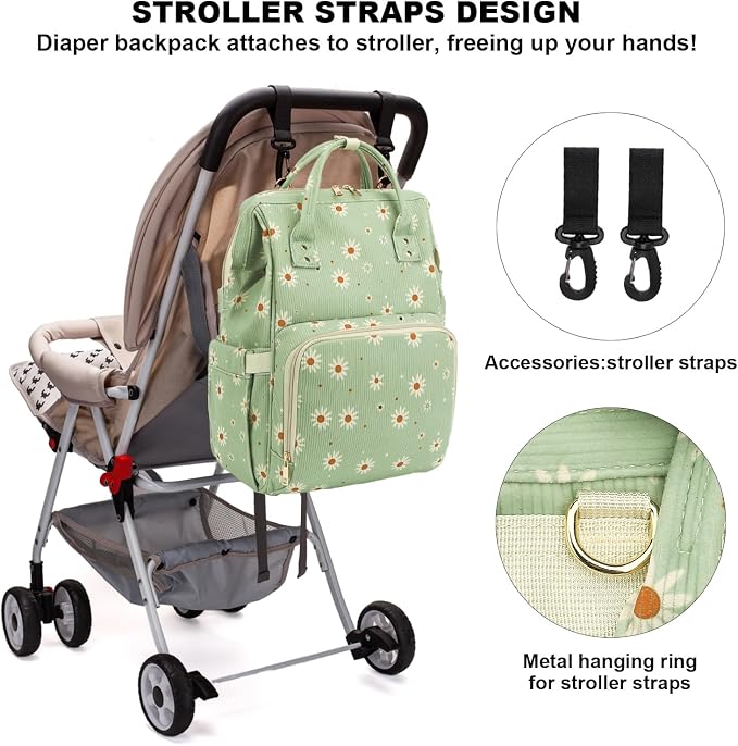 Corduroy Diaper Bag Backpack for Baby Girls Boys, Women Large Nappy Bags for Mom (Green Corduroy Daisy)