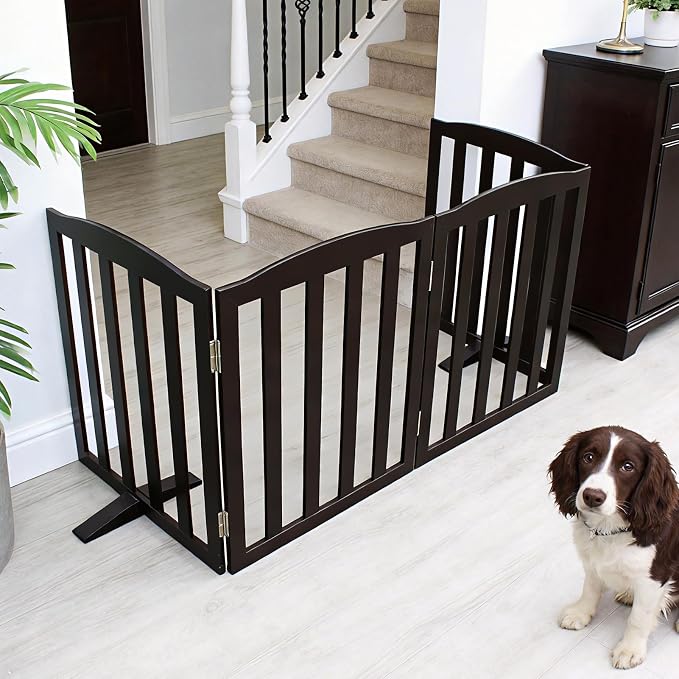 ZJSF Foldable Freestanding Indoor Dog Gate for House Wood Long Pet Gates Dog Fence for Stairs Puppy Gates for Hallways, Puppy Gate,Support Feet Included, Black, 24 "Height-2 Panels