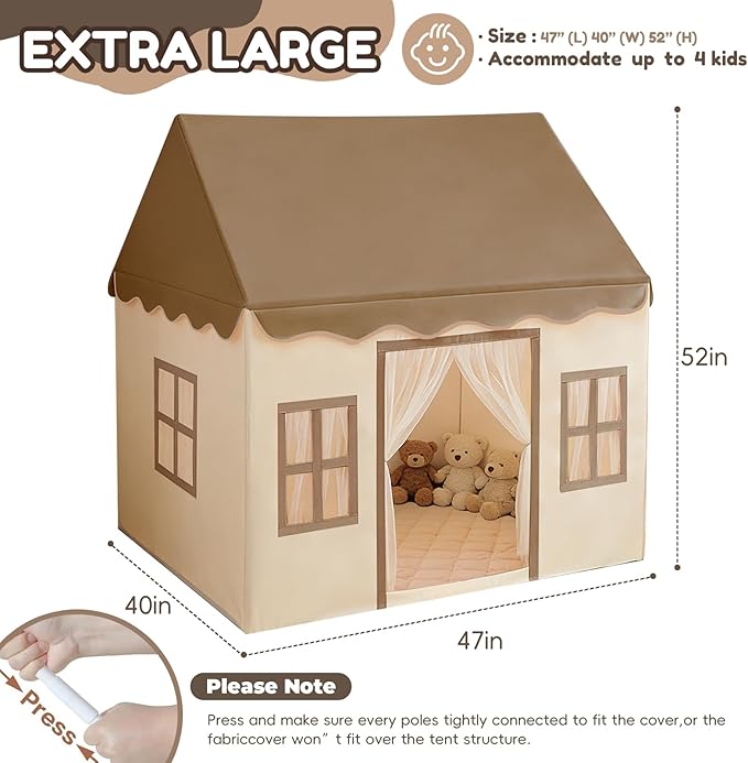 WIRHAO Kids Tent with Padded Mat Playhouse with Large Space for Toddlers Indoor Kids Play Tent for Girls Boys with Stars Lights, Carry Bag, Banner Flag (Brown)