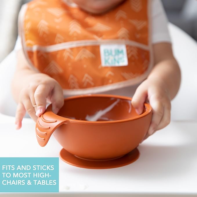 Bumkins Feeding Set with Suction, Includes Spoon and Lid, Training Essentials for Baby-Led Weaning, Toddler Self-Feeding, Babies Eating at 4 Mos Up, Clay