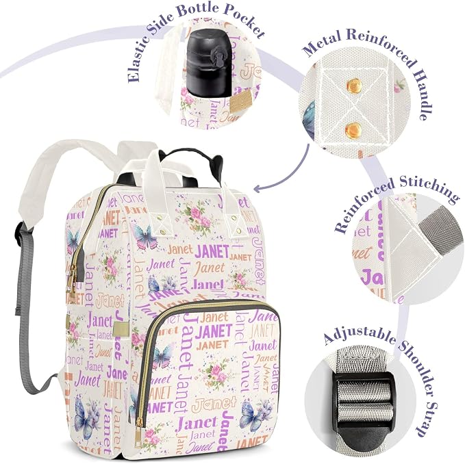 Custom Diaper Bag with Name Personalized Multifunctional Mommy Backpack for Daughter Granddaughter, White Daypack Bag for Travel