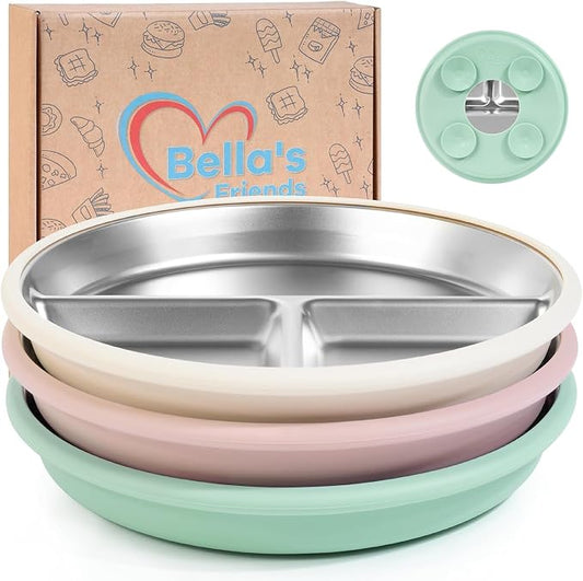 Bella's Friends Life Stainless Steel Baby Plates with Suction 3 Pack, 8” Divided Toddler Plates with Removable Silicone Sleeves for Mess-Free Feeding, Non-Toxic, Non-Slip, Dishwasher Safe
