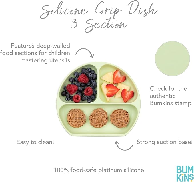 Bumkins Silicone Grip Dish, Suction Plate, Divided Plate, for Baby and Toddler, BPA Free, Microwave and Dishwasher Safe – Sage (Pack of 2)