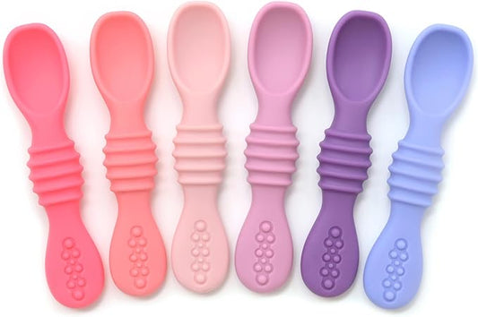 PrimaStella Silicone Chew Spoon Set for Babies and Toddlers | Safety Tested | BPA Free | Baby Spoon 6 Pack (Pink/Purple)