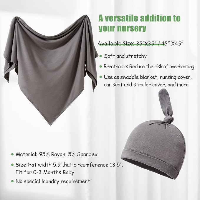 Cotton Knitted Baby Swaddle Blanket with Hat Headband Set Newborn Swaddle Wrap Receiving Blankets for Baby Girl Boy 35" x 35"(Dark Grey)