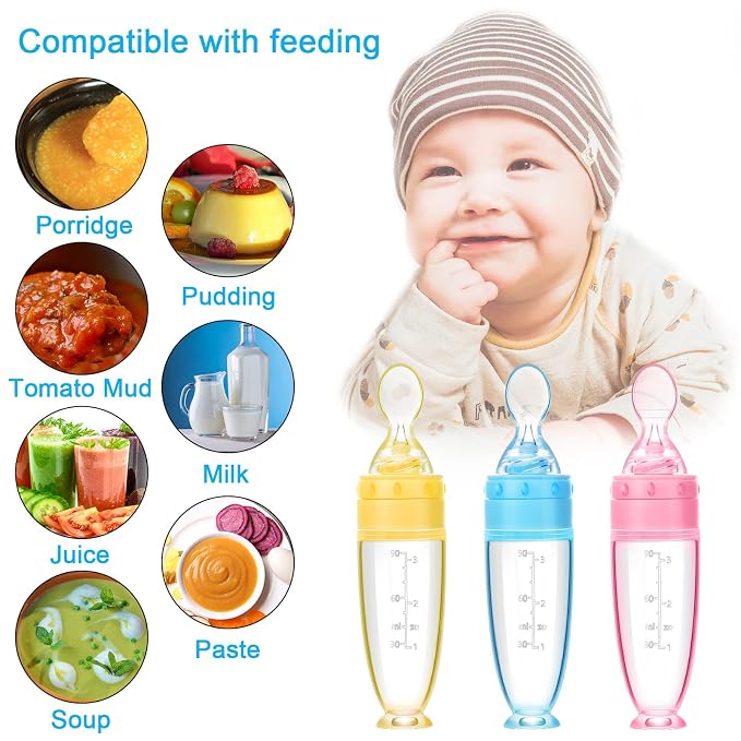 Tondiamo 3 Pcs Baby Food Spoon 3oz Silicone Feeder Dispenser Bottle Feeding Infant Cereal Fruit 6 Months Utensils Set Rice Holder Teething Feed Suction Weaning Newborn Supplies Travel