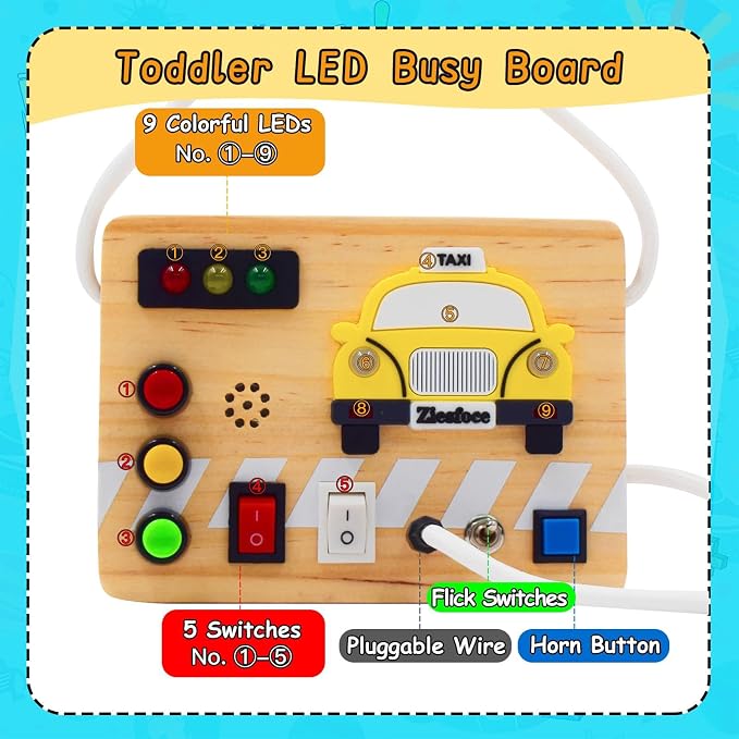 Montessori Busy Board Wooden Sensory Toys with LED Light Up Switch Travel Toys for 1+ Year Old Toddler Baby Boys Girls Gifts (Taxi Busy Board)