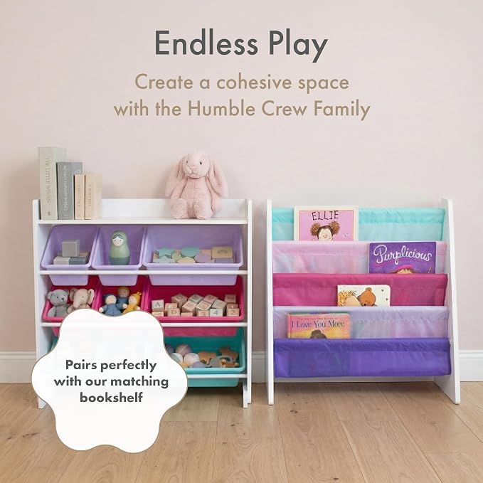 Humble Crew Toy Storage Organizer with 9 Removable Storage Bins for Kids Playroom, 3-Tier with Top Shelf Toddler Toy Organization, White/Pink/Purple/Aqua
