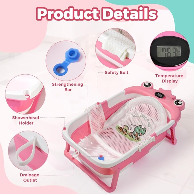 Baby Bathtub,Collapsible Baby Bath Tub with Soft Cushion & Thermometer, Space Saving Foldable & Travel Newborn Bathtub for Infant to Toddler 0-36 Months, Frog Blue