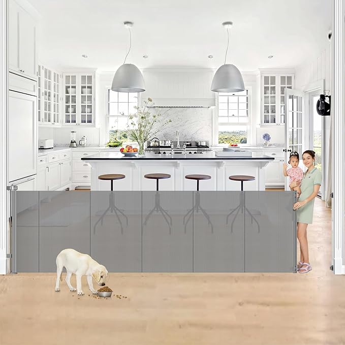 Reinforced 42??Tall x 130??Extra Wide Retractable Dog Gate Extra Tall Pet Gate with Rods to Prevent Crawling Through, Long Baby Gates for Dogs Child Safety Gate Mesh Dog Gate Indoor Outdoor, Gray