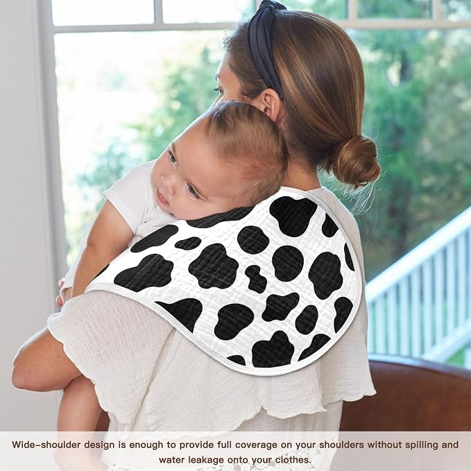 Muslin Burp Cloths for Baby Boys and Girls - 2-Pack Ultra Absorbent Cow Print Muslin Washcloths, Newborn Towel, Milk Spit Up Rags, Burp Cloth Bibs for Unisex, 22 x 11 Inch