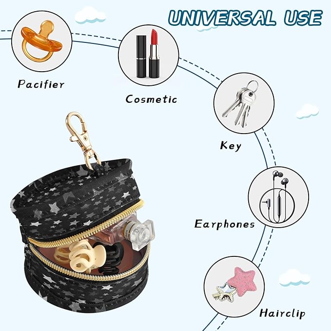 Pacifier Holder with Clip Pacifier Case for Diaper Bag Round Baby Pacifier Pouch Box Bag Portable Cute Silver and Gray Stars
