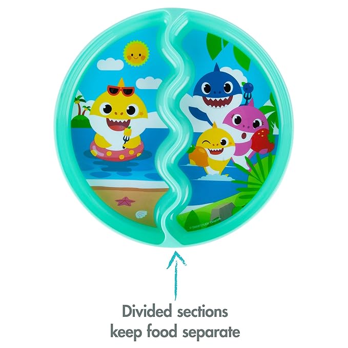 The First Years Pinkfong Baby Shark Divided Suction Plate- Dishwasher Safe Baby Plates with Suction Cups - Baby Feeding Essentials for Solid Food