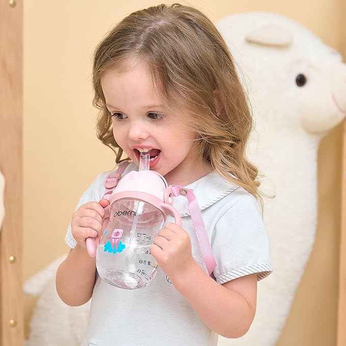 Oberni Toddler Sippy Cup, Tritan Baby Water Bottle With Non-Spill Valve Spout, Removable Handle and Carry Strap, 270ml/12m+/Pink/Pack of 3