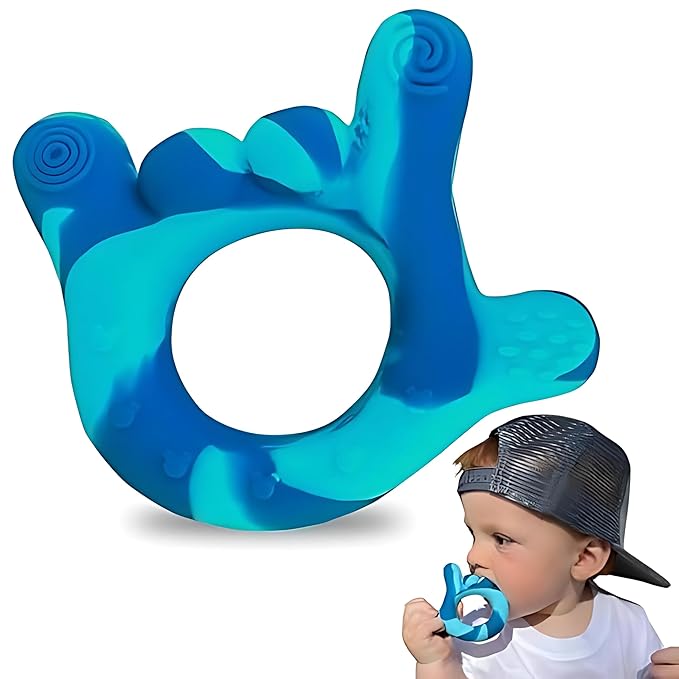 I Love You Silicone Hand Teether, Teethers for Babies 3-6 Months, Soft Teething Toys 6-12 Months bpa Free, Massaging Teething Relief (Blue)