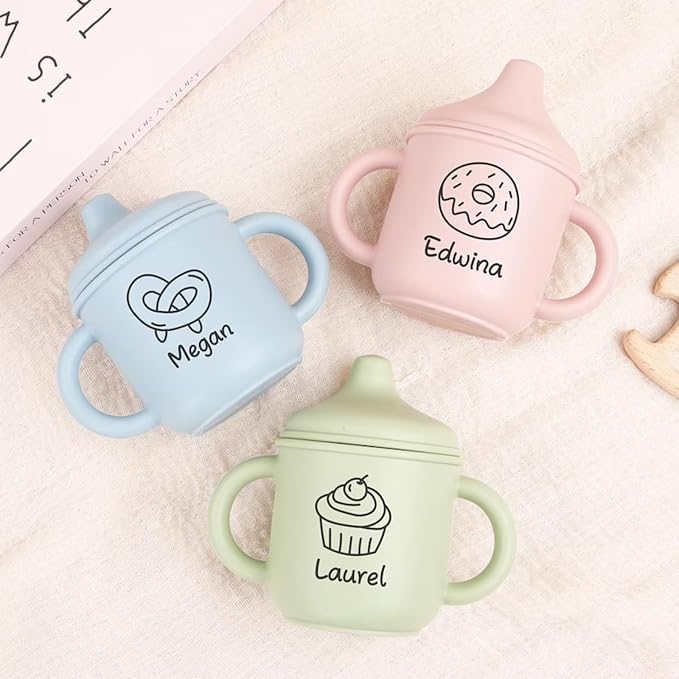 Personalized Baby Sippy Cup with Engraved Name Soft Silicone Training Cup for 6+ Months | Leak Proof, 5oz Toddler Cup with Handle | BPA-free Newborn Gift