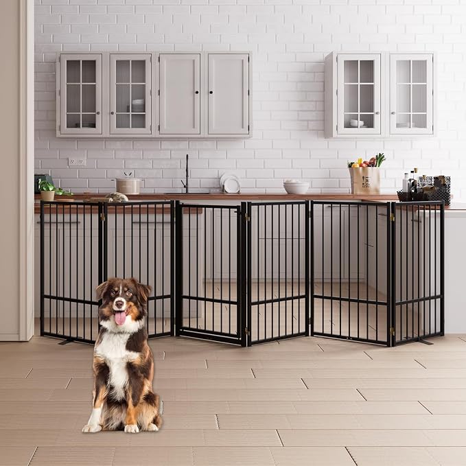 6 Panels Full Metal Freestanding Dog Gates with Door, 120” W x 36” H Folding Pet Gate Fence with Support Feet for Indoor,Stairs, Hallways and Doorways(Black)