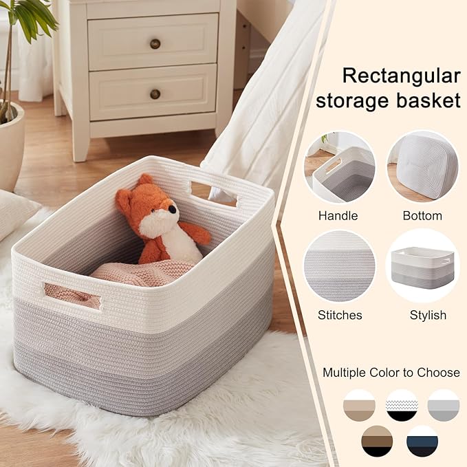 OIAHOMY Large Blanket Basket, 22?�x17?�x12??Rectangle Woven Baskets, Nursery Blanket Storage Living Room, Toy Storage With Handle, Large Baskets for Organizing-Gradient Grey
