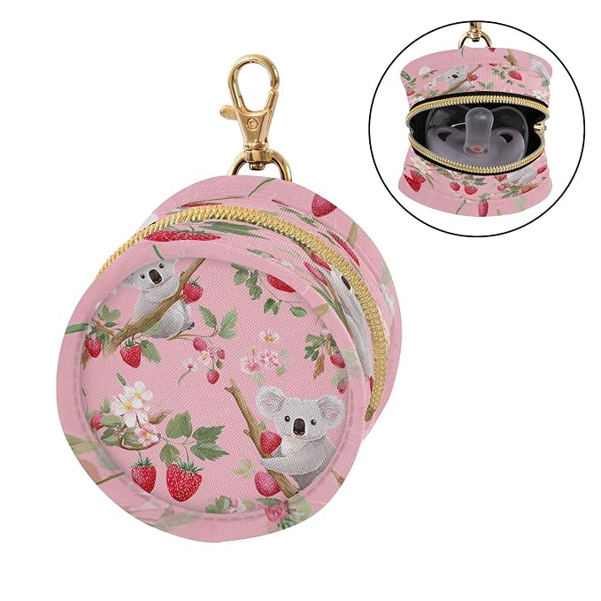 Pacifier Holder with Clip Pacifier Case for Diaper Bag Round Baby Pacifier Pouch Box Bag Portable Pink Koalas Strawberries Flowers Leaves