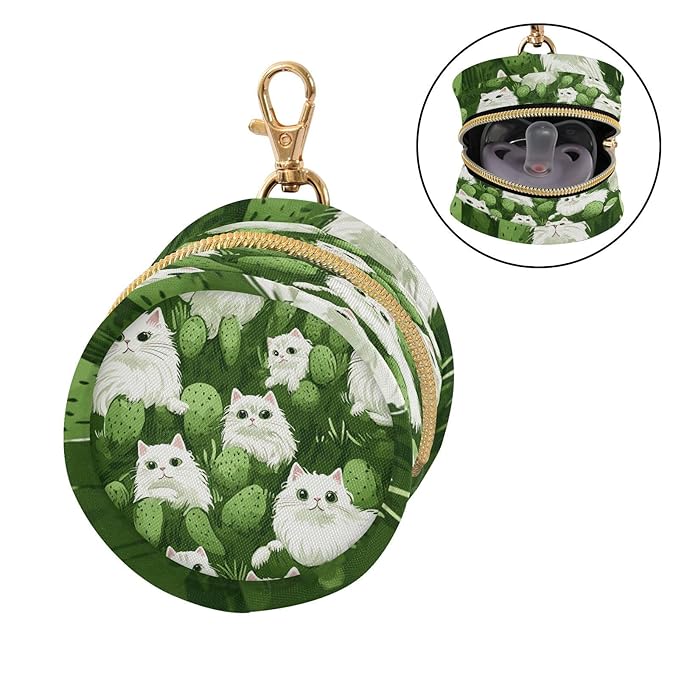 Pacifier Holder with Clip Pacifier Case for Diaper Bag Round Baby Pacifier Pouch Box Bag Portable Green Cat and Cactus