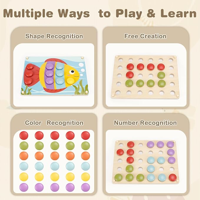 Joyreal Montessori Toys for 2 Year Old, Wooden Button Art Toys for 2 3 4 Year Old Girls Boy Birthday Gifts, Color Matching Puzzle Pegboard Button Game for Learning Educational Toys for Toddlers 2-4