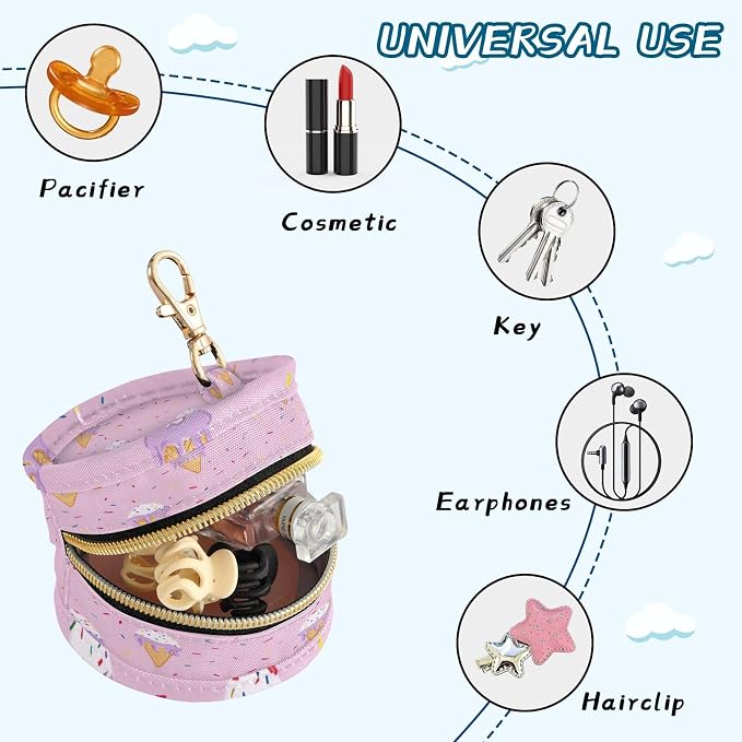 Pacifier Holder with Clip Pacifier Case for Diaper Bag Round Baby Pacifier Pouch Box Bag Portable Small Pink Ice Cream