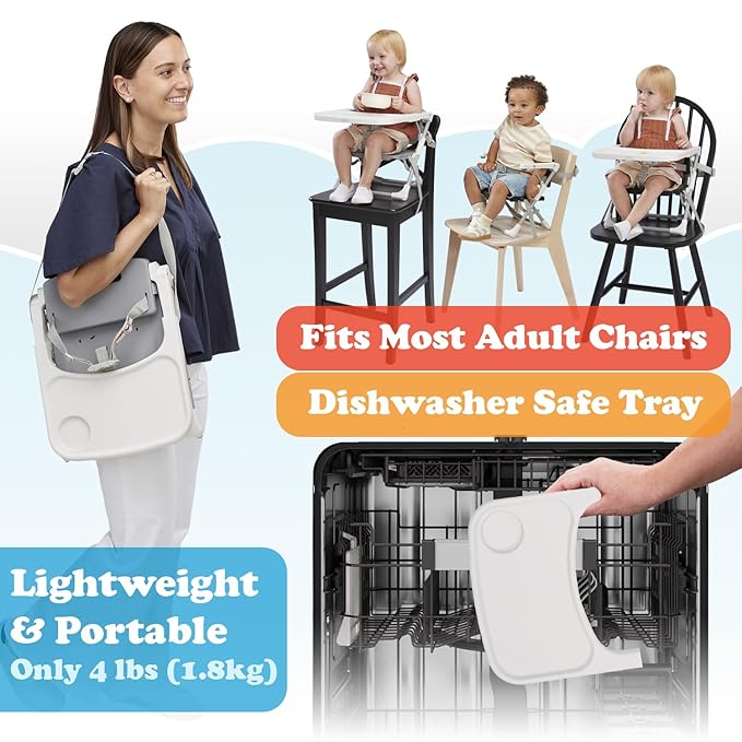 PrimoBaby SproutSeat Booster Seat for Kitchen Chair - Portable Folding Design, Travel Baby Beach Essentials, with 3-Point Safety Harness, Adjustable Tray, Dishwasher Safe Tray, Baby Floor Seat