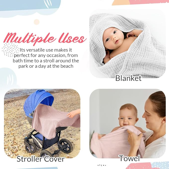 Hahafelt 6 Pcs Muslin Hooded Bath Towels Washcloths and Bibs Set, Muslin Cotton Baby Towels Absorbent Hooded Blanket Towel Infant Bibs for Boys Girls Newborn Infant Essentials(Pink, Light Pink)