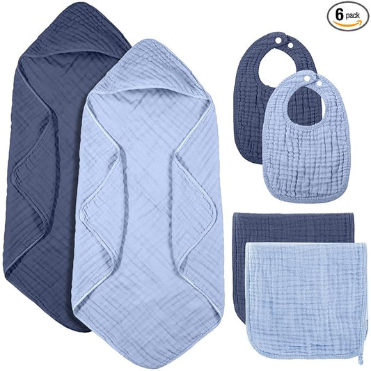 Hahafelt 6 Pcs Muslin Hooded Bath Towels Washcloths and Bibs Set, Muslin Cotton Baby Towels Absorbent Hooded Blanket Towel Infant Bibs for Boys Girls Newborn Infant Essential(Dark Blue, Light Blue)