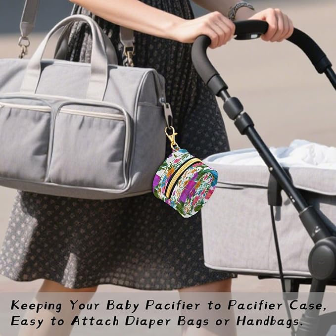 Pacifier Holder with Clip Pacifier Case for Diaper Bag Round Baby Pacifier Pouch Box Bag Portable Colorful Flowers in Spring