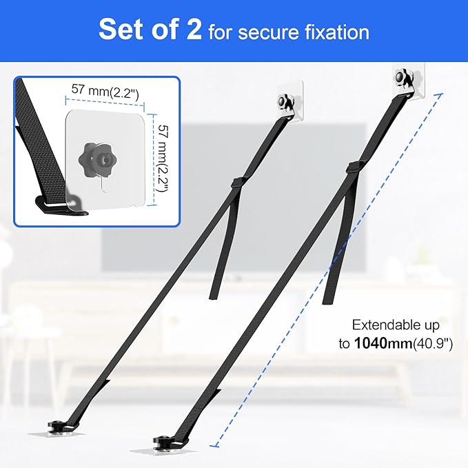 2 Pcs Tv Safety Straps Adjustable,No Drill Anti Tip Furniture Anchors for Baby Proofing,Adhesive/Screw Fastening Type Furniture Wall Anchor, Earthquake Straps