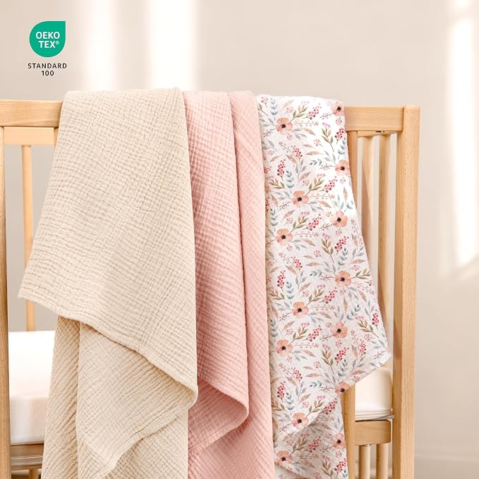 lulumoon Muslin Swaddle Blankets for Baby: Lightweight & Breathable Receiving Blankets for Hospital - Neutral Registry Gift for Newborn 3pack (WhitePinkFlower)