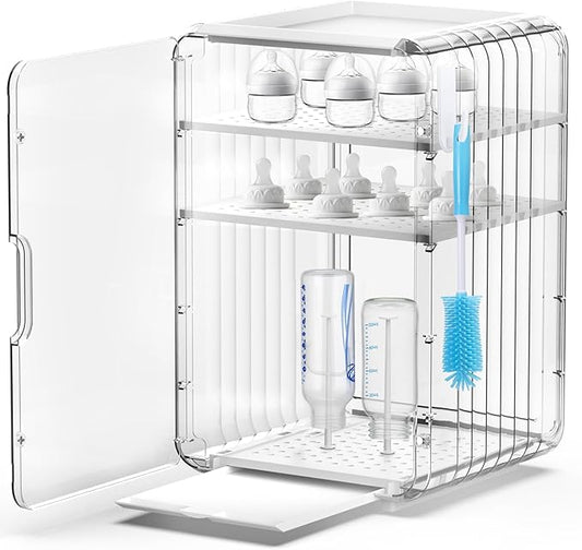 XANGNIER Baby Bottle Organizer,Clear Baby Bottle Storage Organizer for Countertop and Cabinet,with Drying Rack and Hook,Space-Saving,Multifunctional Station Organizers Accessories