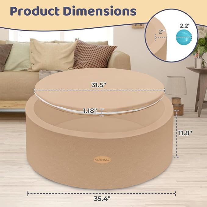 HARBOLLE 35.4" Soft Fleece Ball Pit & Playpen for Toddlers & Babies, Indoor/Outdoor Kids Foam Play Center, for Boys & Girls, Brown