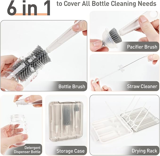 Baby Bottle Brush Set, 6-in-1 Travel Bottle Cleaning Kit with Silicone Bottle Brush, Nipple & Straw Brush, Soap Dispenser, Drying Rack, Storage Box ??Compact Travel Baby Essential for Home & On-The-Go
