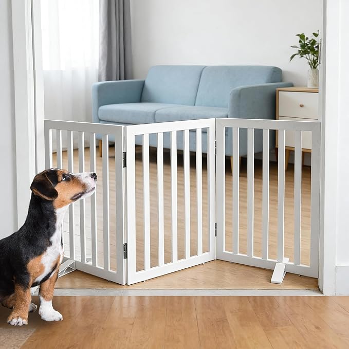 Dog Gate Indoor, Freestanding Dog Fence for The House, Doorways, Hallways,or Stairs,Pet Gate Foldable Wooden,Expandable 24" Height 3 Panels,White