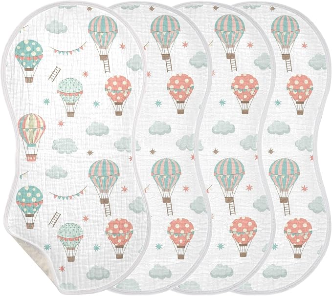 Hot Air Balloons Stars Ladder Baby Muslin Burp Cloths for Newborn Boys Girls, 4 Layer Cotton Soft Absorbent Baby Burping Washcloths 4 Pack