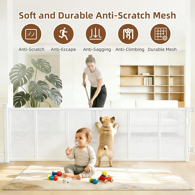 Reinforced Retractable Baby Gate, 118 in Extra Wide x 33 in Tall Mesh Dog Gate with Fiberglass Reinforcement Rods, Hardware Mounted Safety Gate for Doorways, Hallways, Indoor Outdoor, White