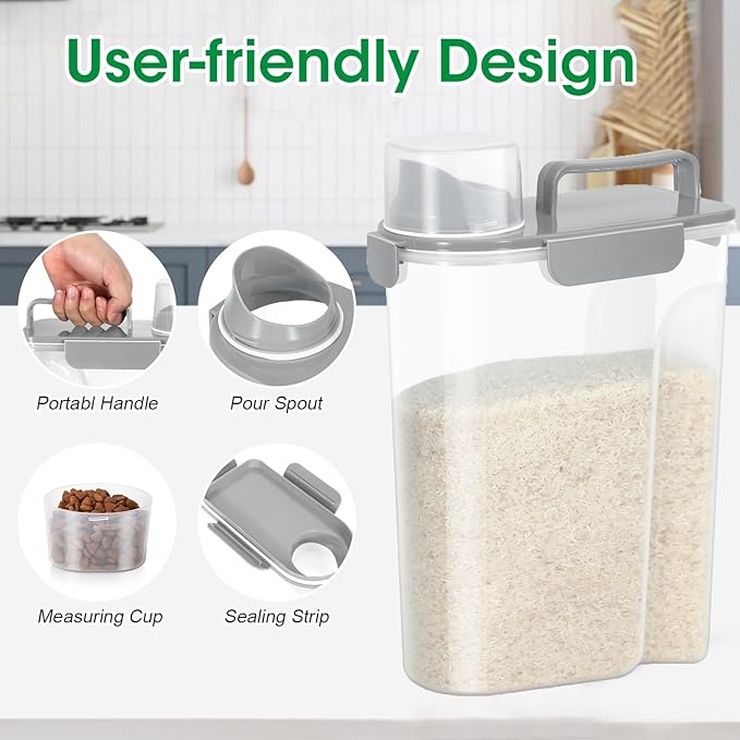 TBMax Rice Container 10 Lbs, Cereal Container Oatmeal Storage, Airtight Food Dispenser with Easy-pouring Spout & Handy Cup for Flour Grain Beans, Pet Dog Cat Bird Food Storage Container