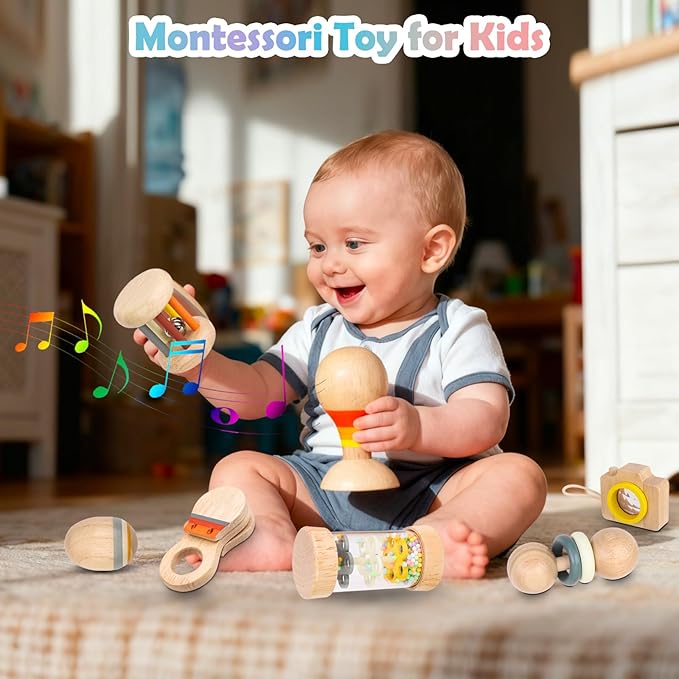 Montessori Wooden Baby Toys 7-in-1 Sensory Set for Babies 0??2 Months, Rain Sound Tube & Rattle Roller, Sensory Musical Gift for Baby Boys and Girls with Storage Bag